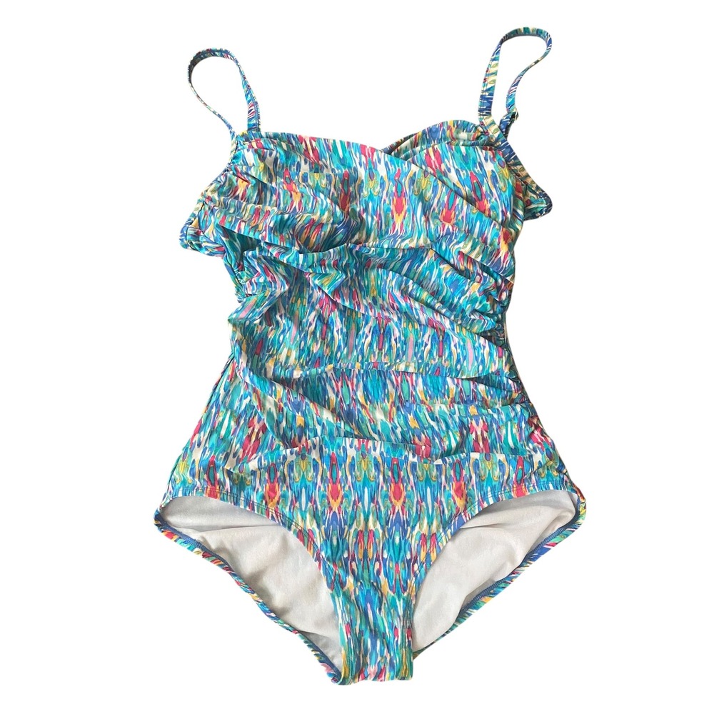 Jantzen Womens Multicolor Abstract Ikat Ruched One‎ Piece Swimsuit Size 10